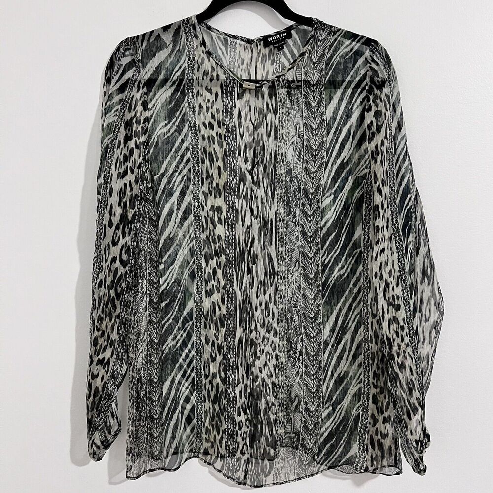 Worth New York Green Sheer Blouse Size 4 Animal Print Long Sleeve Side Slit Top